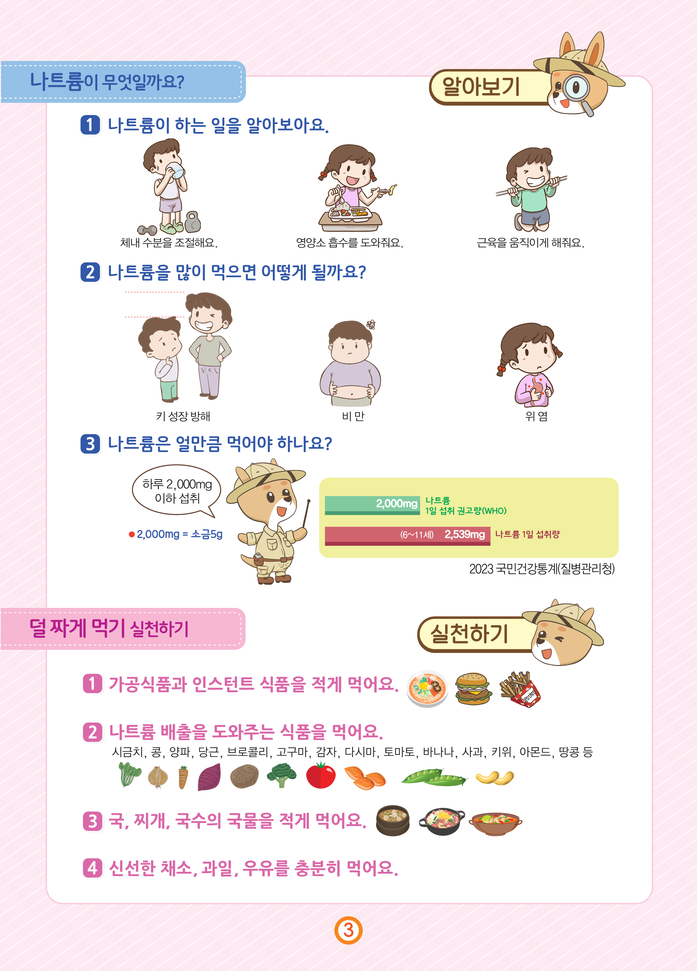 나트륨을 덜 먹기 위해선 가공식품과 인스턴트를 피하고 나트륨 배출을 도와주는 식품(야채, 과일, 고구마, 감자, 다시마 등)을 먹어요. 또한 국물을 적게 먹고 식품의 영양표시를 잘 읽어보는게 좋답니다. 