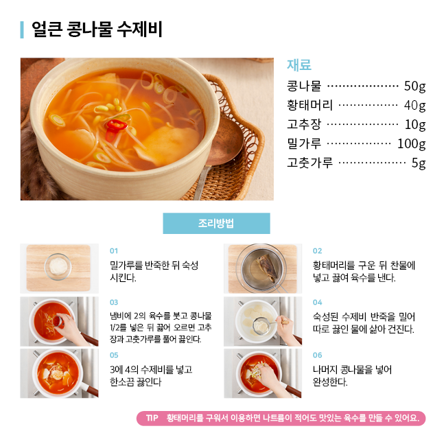 요리 1- 얼큰 콩나물 수제비. 재료: 콩나물 50g, 황태머리 40g, 고추장 10g, 밀가루 100g, 고춧가루 5g. 조리방법: 1) 밀가루를 반죽한 뒤 숙성시킨다. 2) 황태머리를 구운 뒤 찬물에 넣고 끓여 육수를 낸다.(황태머리를 구워서 이용하면 나트륨이 적어도 맛있는 육수를 만들 수 있어요.) 3) 냄비에 2의 육수를 붓고 콩나물 반을 넣은 뒤 끟어 오르면 고추장과 고춧가루를 풀어 끓인다. 4) 숙성된 수제비 반죽을 밀어 따로 끓인 물에 삶아 건진다. 5) 3에 4의 수제비를 넣고 한소끔 끓인다. 6) 나머지 콩나물을 넣어 완성한다. 