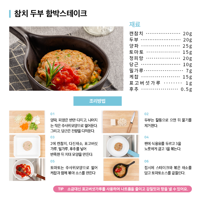 요리 2-참치 두부 함박스테이크. 재료: 캔참치 20g, 두부 20g, 양파 25g, 토마토 15g, 청피망 20g, 당근 10g, 밀가루 7g, 케찹 15g, 표고버섯가루 1g, 후추 0.5g. 조리방법: 1) 양파, 피망은 반만 다지고 나머지는 작은 주사위 모양으로 썰어둔다. 그리고 당근은 전량을 다져둔다. 2) 두부는 칼등으로 으깬 뒤 물기를 제거한다. 3) 2에 캔참치, 다진채소, 표고버섯 가루, 밀가루, 후추를 넣어 반죽한 뒤 치대 모양을 만든다. 4) 팬에 식용유를 두르고 3을 노릇하게 굽고 1을 볶는다. 5) 토마토는 주사위모양으로 썰어 케찹과 함께 볶아 소스를 만든다. 6) 접시에 스테이크와 볶은 채소르 담고 토마토소스를 곁들인다. 소금대신 표고버섯가루를 사용하여 나트륨을 줄이고 감칠맛과 향을 낼 수 있어요.